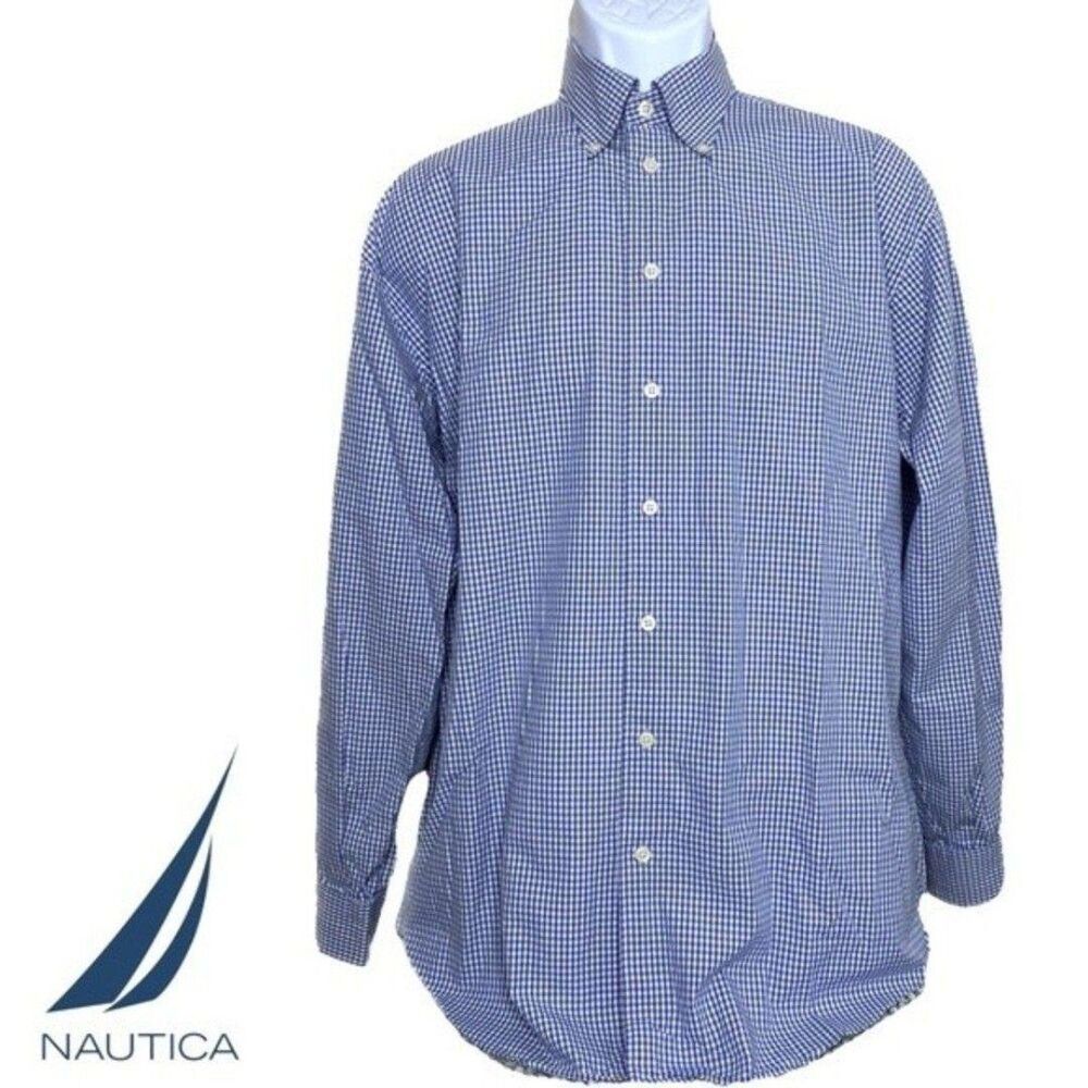 NAUTICA Blue Plaid Dress Shirt Mens L Cotton Button Down